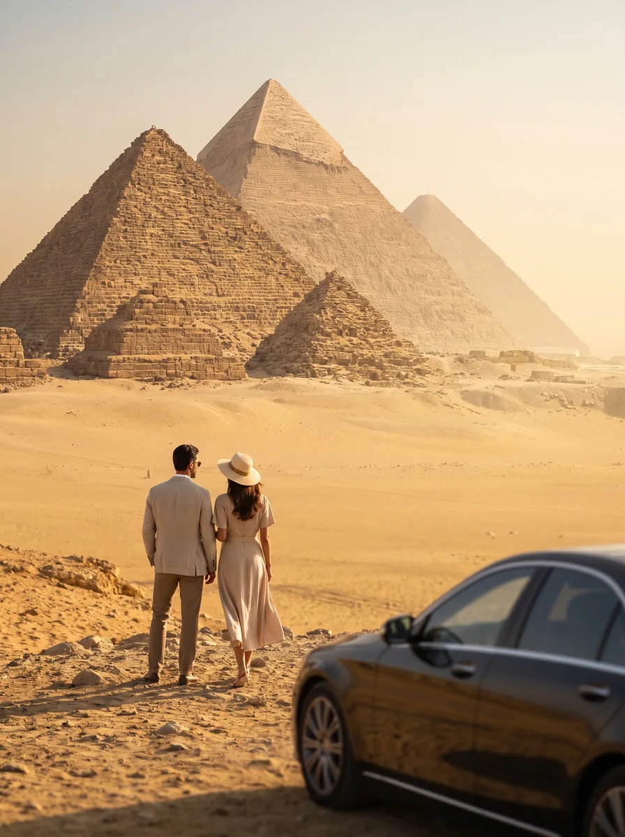 Cairo skyline with minarets and palms at golden hour